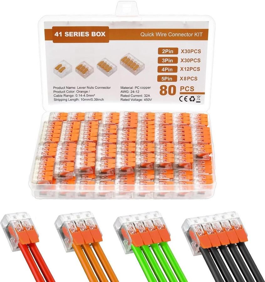 Set van 80 kabelconnectoren kabelklemmen 2 3 4 5-polig kabelconnector met hefboomslot voor leidingen van 0 14 tot 4 m² klemmenset voor leidingtypes 412 413 414 en 415