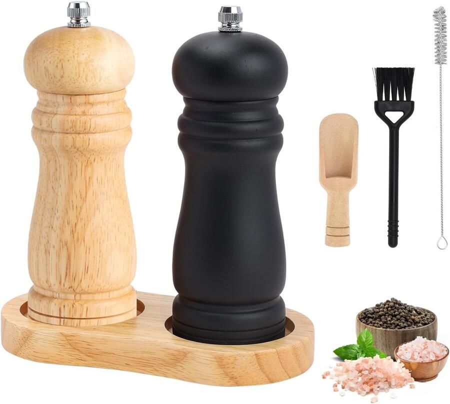 Set van houten peper- en zoutmolens met borstel en lepel manuele peper- en zoutmolen van 15 2 cm instelbaar grof oplaadbare pepermolen met keramisch kern voor