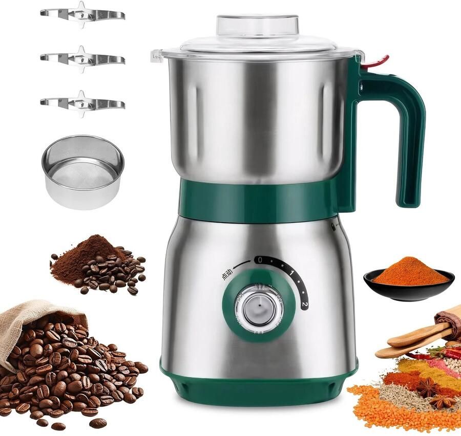 Seth Select Elektrische Graanmolen 600 ml – Nat- en Droogmolen voor Koffiebonen Kruiden Specerijen & Bonen Zilver RVS