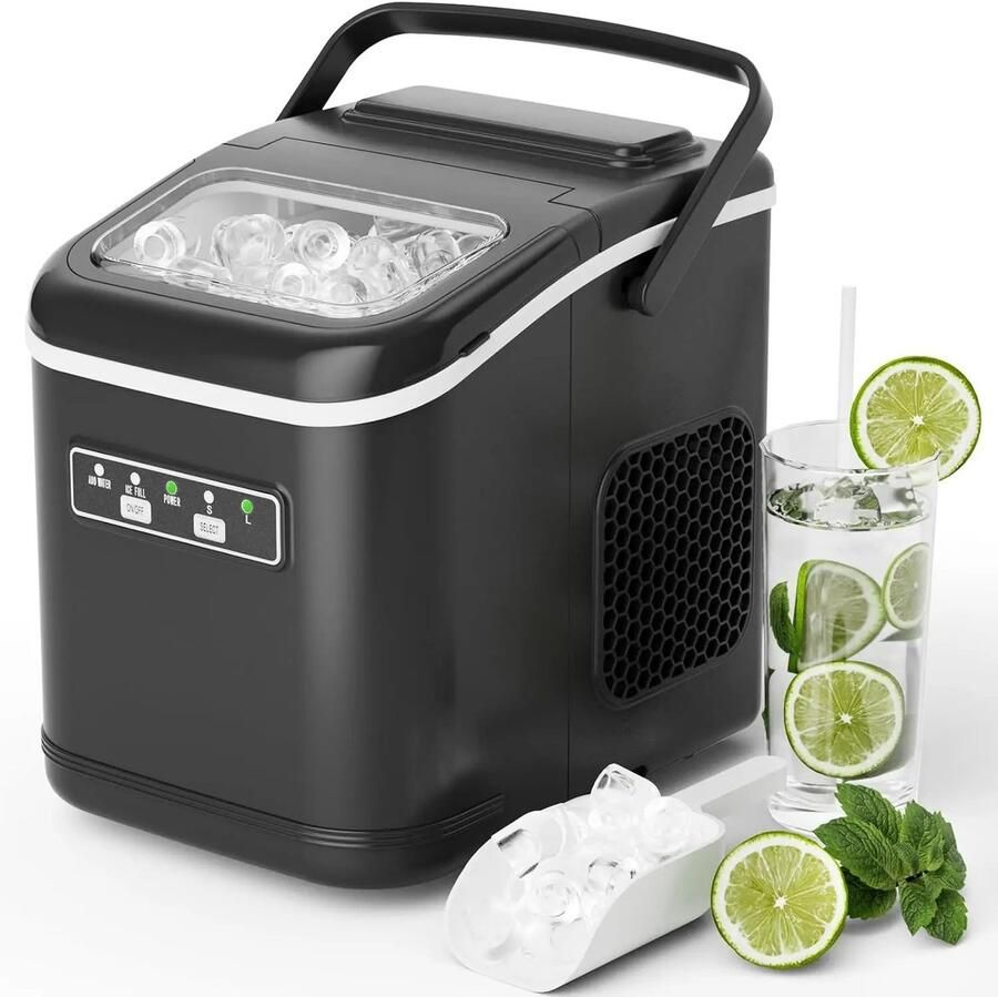 Seth Select Ijsmachine 12kg 24u – Zelfreinigend – Compacte ijsblokjesmaker met Mand & Schep – 9 ijsblokjes klaar in 6 minuten Zwart