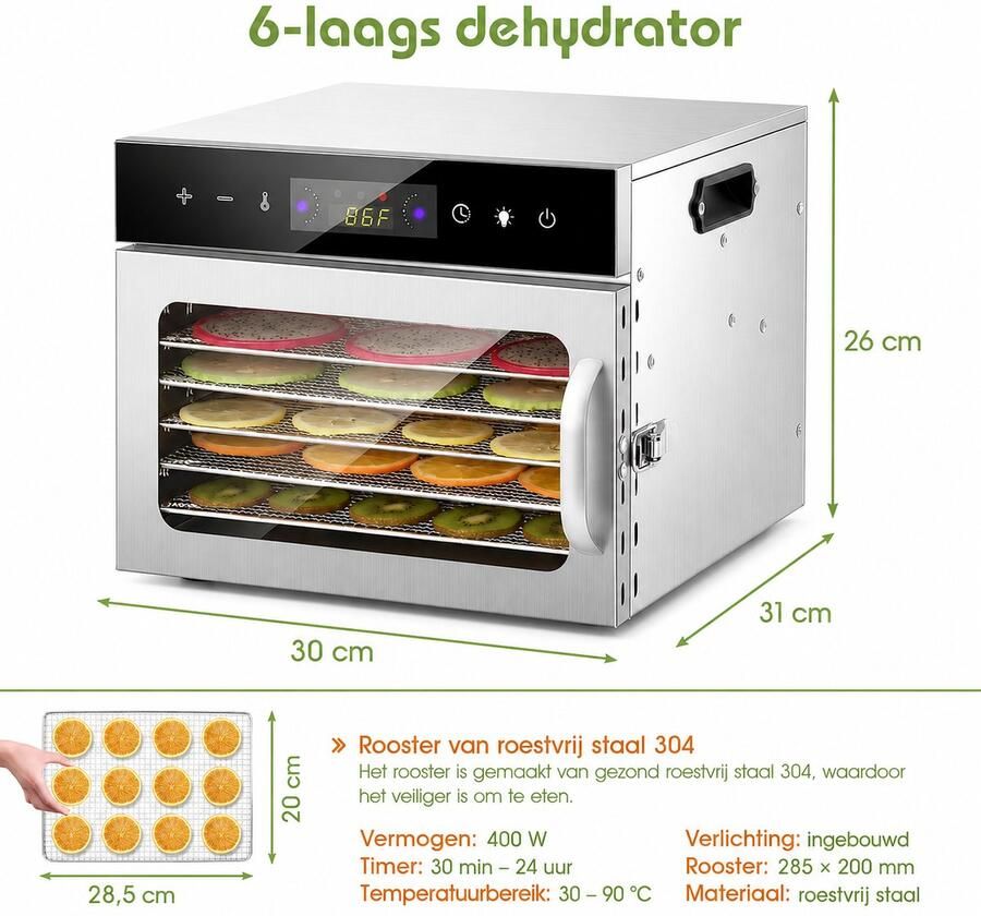 Seth Select Professionele Voedseldroger 400W Luxe Voedseldehydrator met 24-uurs Timer en Temperatuurregeling 6 lagen Zilver