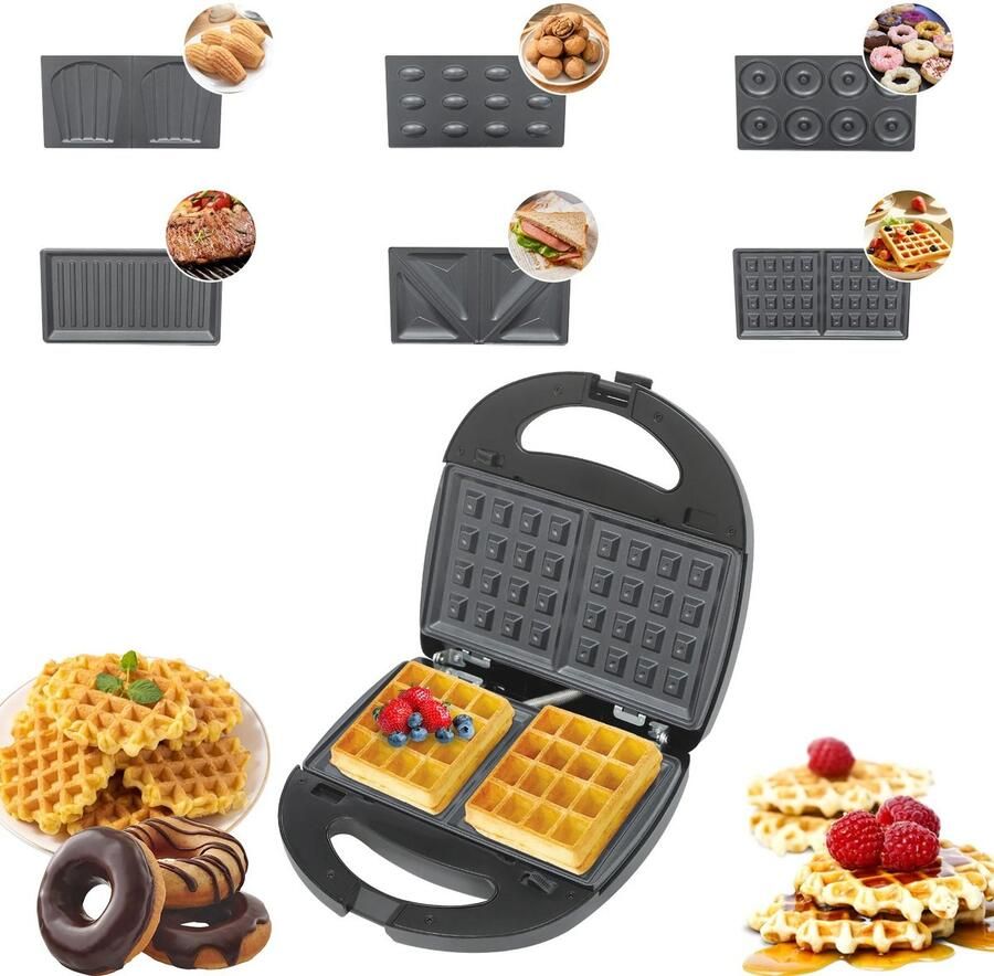 Seth Select Wafelijzer 6-in-1 multifunctionele wafelijzer en pannenkoekmachine Wafelijzer 750W Dubbele verwarmingsplaaten Wafelmaker Elektrisch pannenkoekijzer Opvouwbare sandwichesmaker Zwart