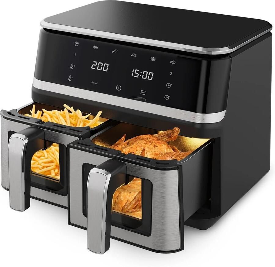 Seth Select XXL Airfryer 9 Liter – 2000W – Dubbele Luchtfriteuse met Kijkvenster – 12 Programma s Zwart