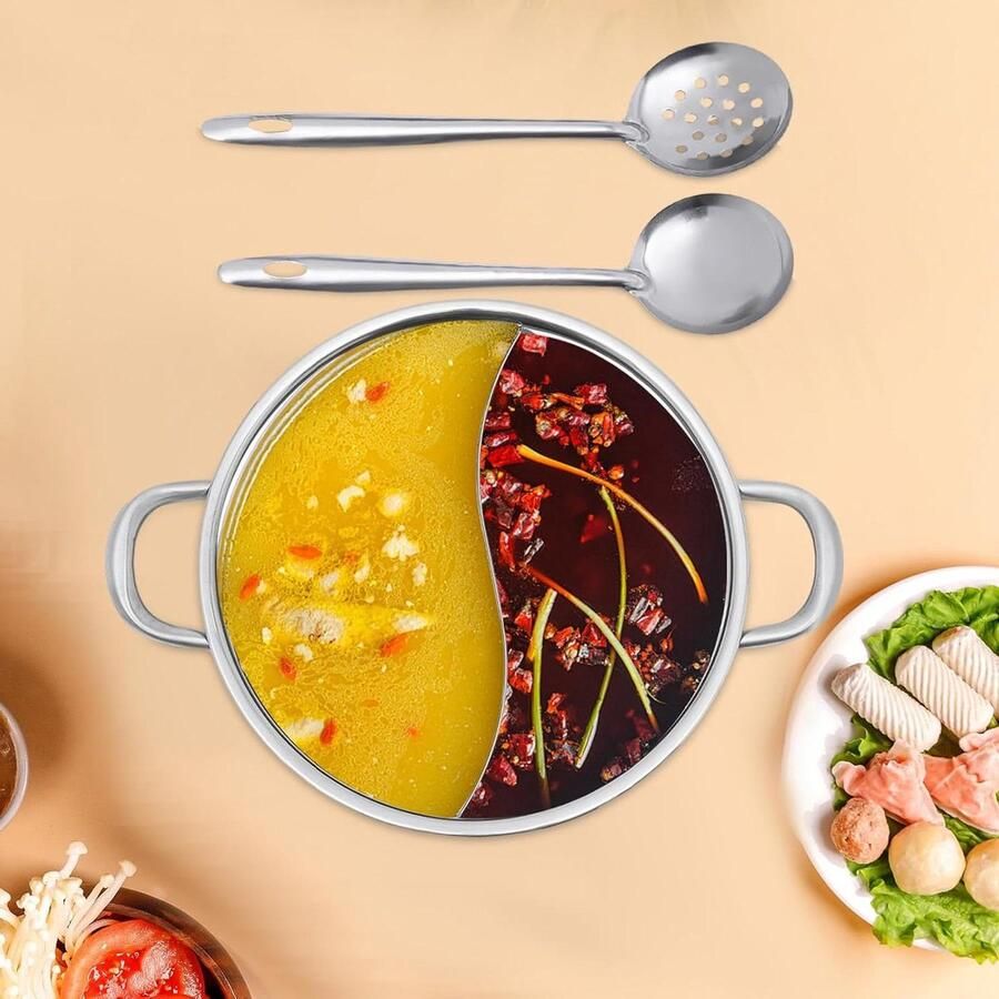 Shabu Pan Hotpot Pan Dubbel Gezellig Eten Twee Smaken Tegelijk 28 cm Zilver