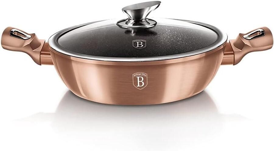 Shallow Pan Kookpan met Deksel Koken en Bakken Turbo Inductie Bodem 28 cm Rose Goud