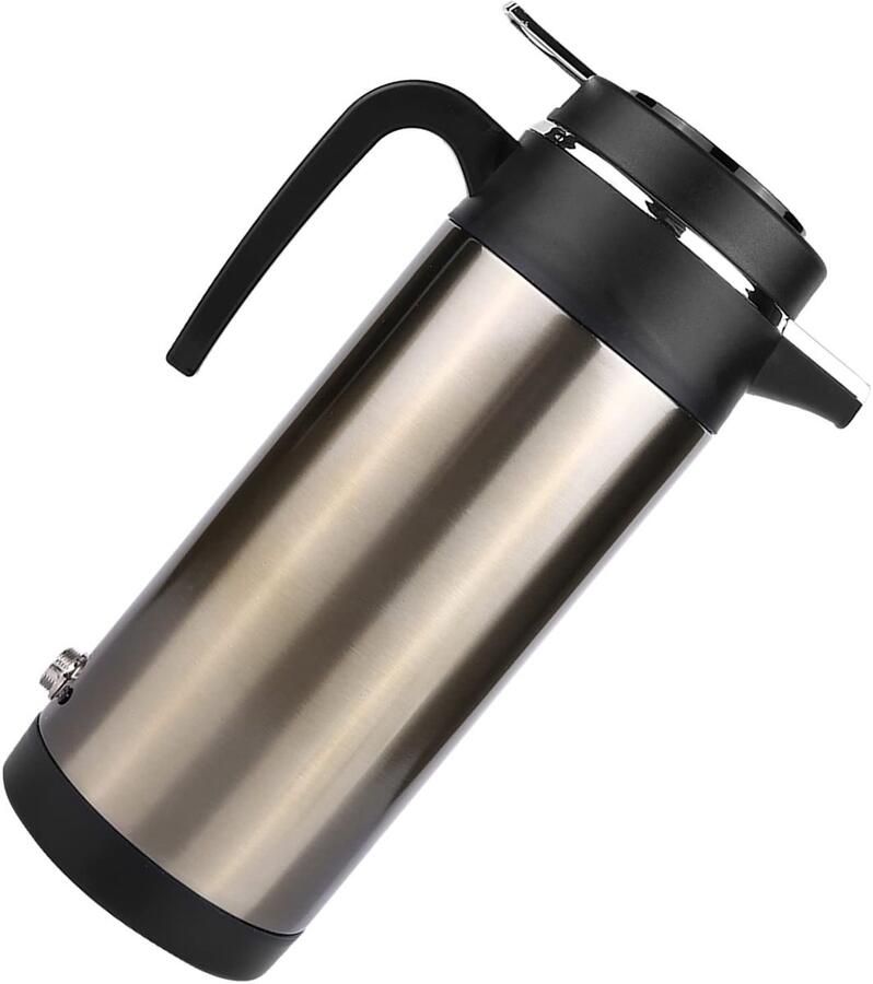 Zeynomax Elektrische waterkoker 12 V 24 V Reisthermoskan van roestvrij staal Zilver 1200 ml Ideaal voor onderweg Verwarmt snel