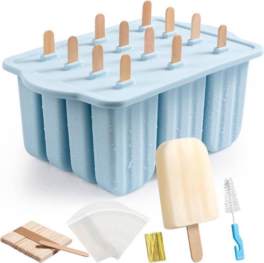 Silicone ijsvormen 12 ijslollyvormen herbruikbare popsicle vormen gemakkelijk los te maken BPA-vrij ijslollymaker voor kinderen en volwassenen doe-het-zelf ijsvormen blauw