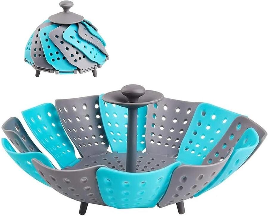 Silicone Stoommand Opvouwbaar Zeef Mandje Gezond Koken Hittebestendig Handvat Universeel Grijs Blauw