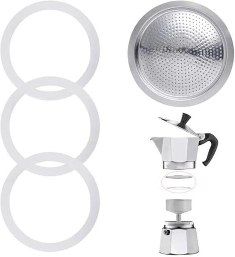 Siliconen Afdichtringen voor Espresso Koffiezetapparaten 3 Stuks met Stalen Filter Geschikt voor 6 Kopjes