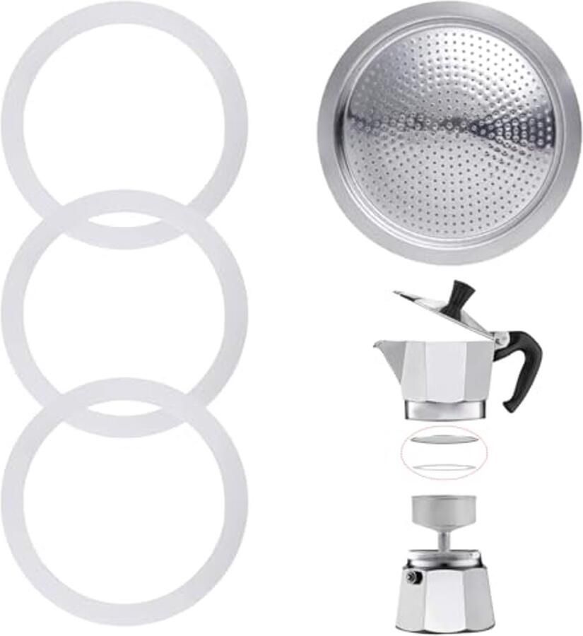 Siliconen Afdichtringen voor Espresso Koffiezetapparaten 3 Stuks met Stalen Filter Geschikt voor 6 Kopjes