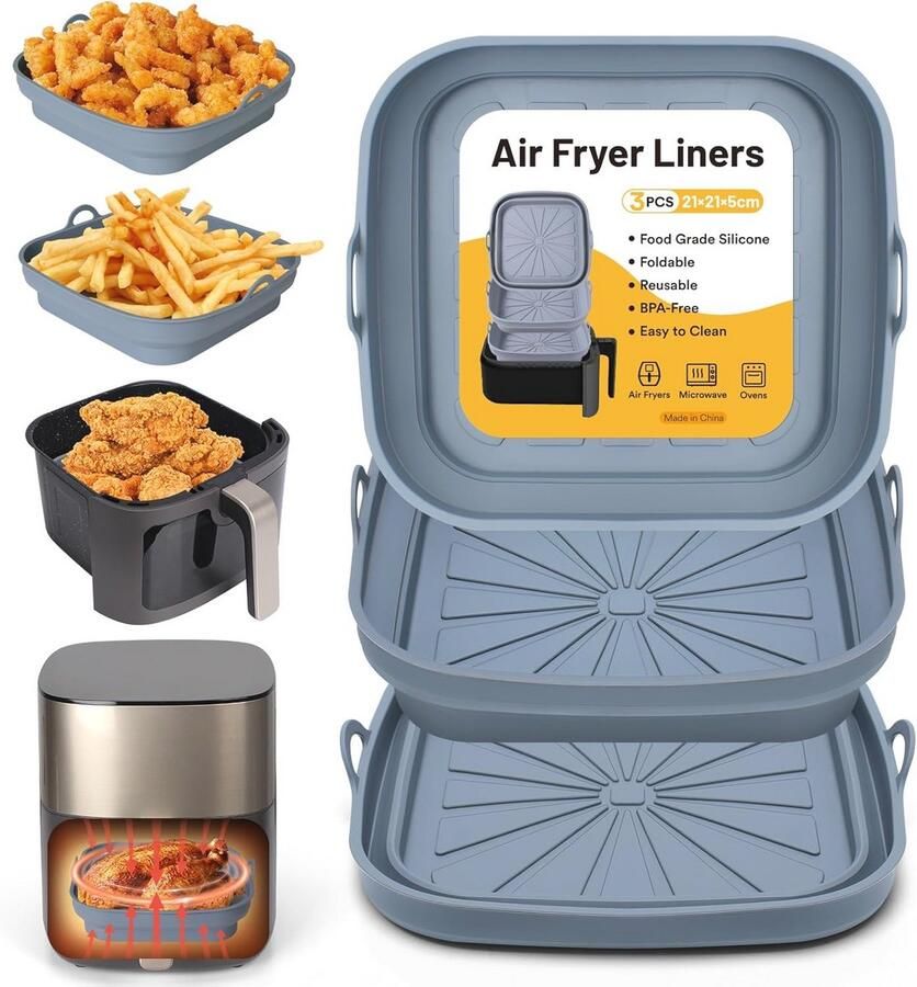 Siliconen Air Fryer Pot 3 Stuks Herbruikbare Liners voor Heteluchtfriteuse en Magnetron Vierkante Opvouwbare Tray Rack Basket Accessoires