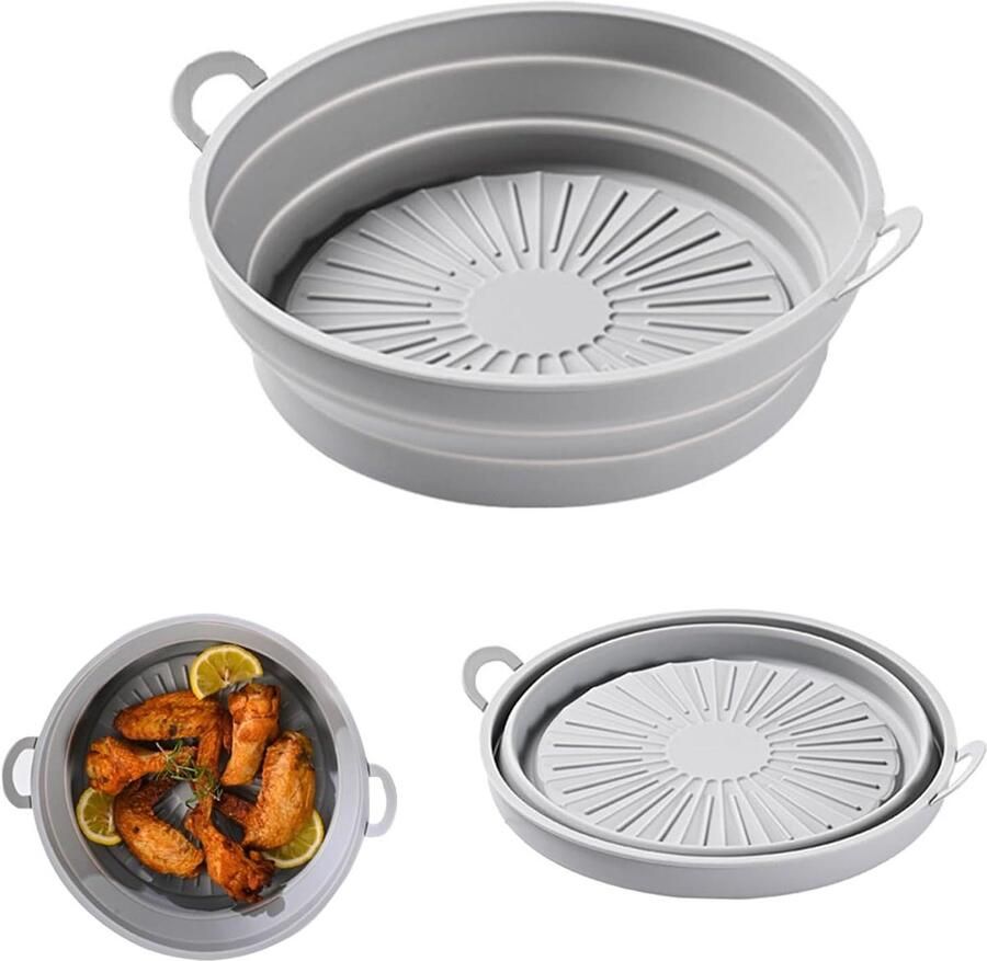 Siliconen Airfryer Bakvorm Herbruikbare Liner Bakken en Braden Opvouwbaar en Anti-aanbak 19 cm diameter Grijs