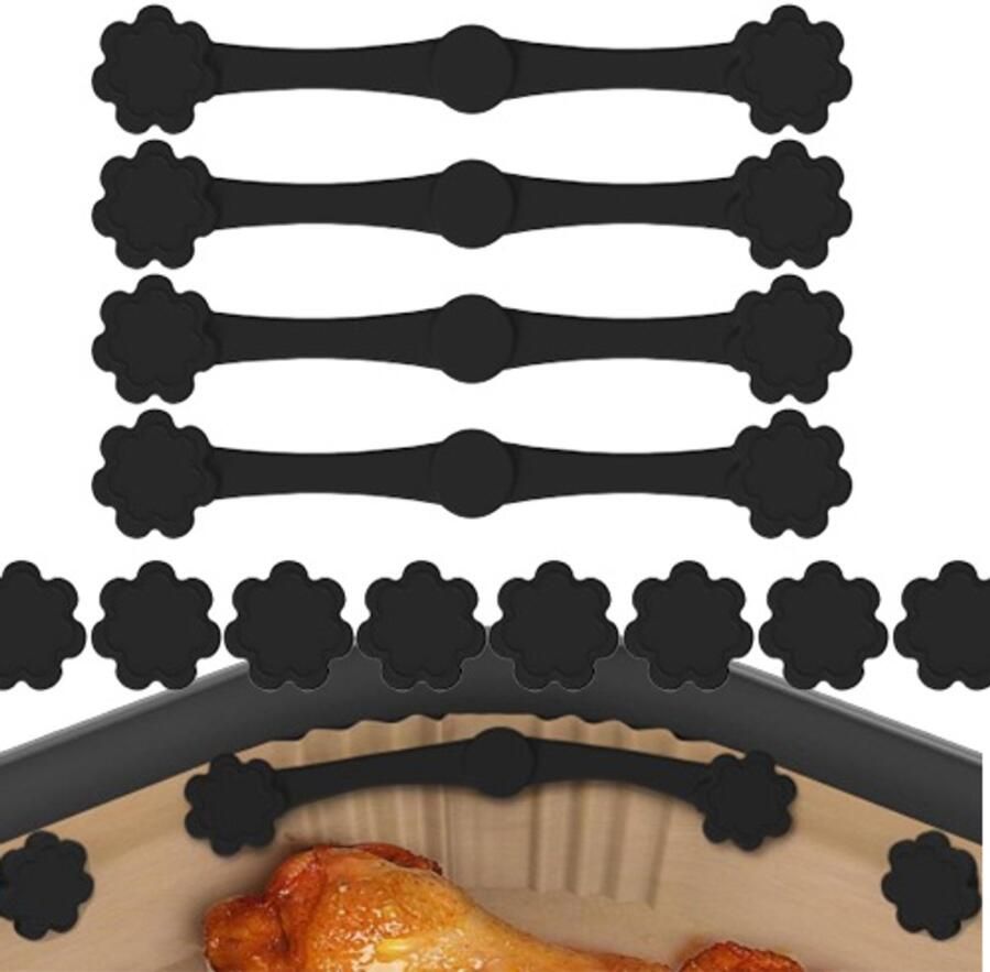 Siliconen Airfryer magneetstrips Siliconen magnetische clips Airfryer papierhouder Magnetische bevestigingsclips voor airfryer Bloemvormige magnetische gesp Geschikt voor het bevestigen van bakpapier 4 sets Zwart