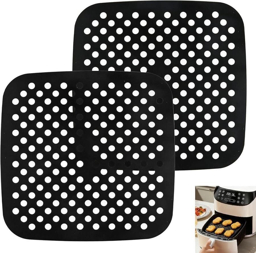 Siliconen Airfryer Matten Herbruikbare Bakmat Gezond Koken Geperforeerd Ontwerp 2 stuks 215 cm Zwart