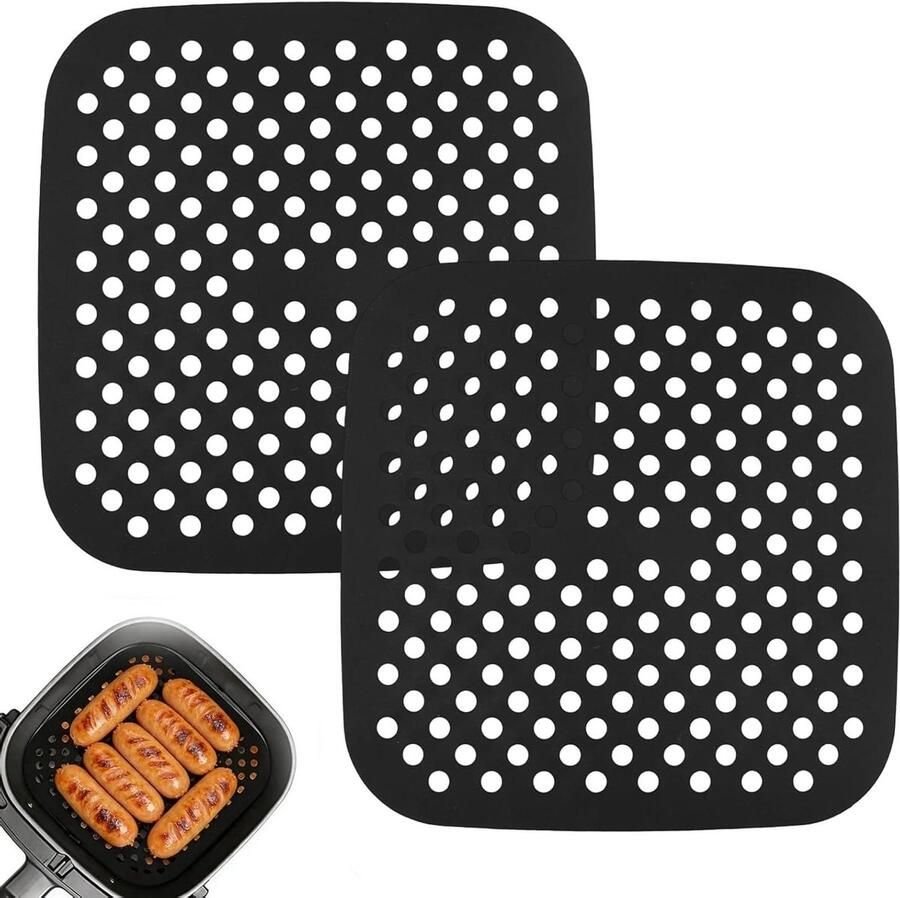 Siliconen Airfryer Matten Vierkante Bakmatten Voorkomt Aanbakken Herbruikbaar Anti-aanbak 21.5 cm x 21.5 cm Zwart