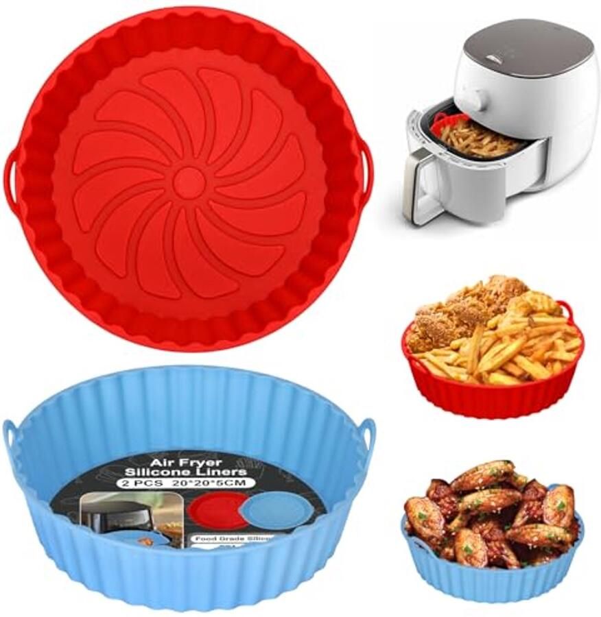 Siliconen Airfryer Pannen Liner Set Herbruikbare Accessoires voor Heteluchtfriteuse Magnetron en Oven (Rood + Luchtblauw)