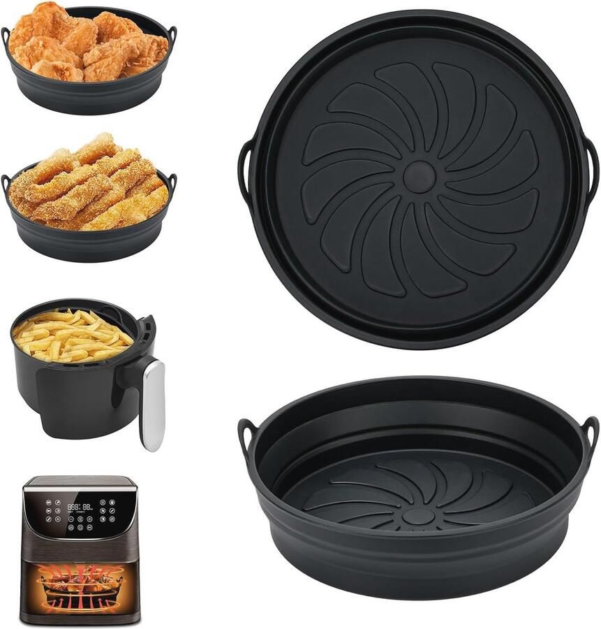 Siliconen Airfryer Pot 2 Stuks Herbruikbare Airfryer Pan Liners en Vouwbare Tray Rack Accessoires
