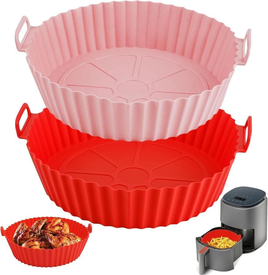 Siliconen Airfryer Vorm Herbruikbare Bakjes Bakken Frituren Hittebestendig & Handvatten 20cm Diameter Roze Rood