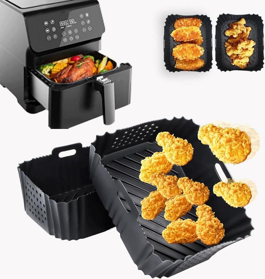 Siliconen Airfryer Vorm Herbruikbare Bakvorm Gezond Koken Verhoogde Lijnen 2 stuks 19x14 cm Zwart