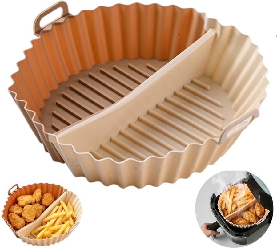 Siliconen airfryervorm Ronde siliconen airfryervorm Airfryer bakplaat Gebroken wit + kaki Airfryer accessoires Siliconen airfryer pan Siliconen bakplaat Geschikt voor ovens en airfryers