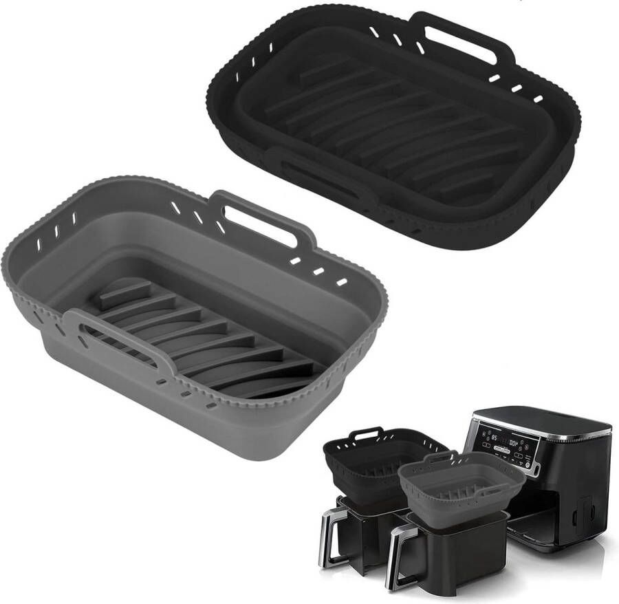 Siliconen bakje voor Airfryer Opvouwbaar en hittebestendig Herbruikbaar Anti-aanbaklaag Rechthoekig 2 stuks (grijs en zwart) Airfryer siliconen bakje