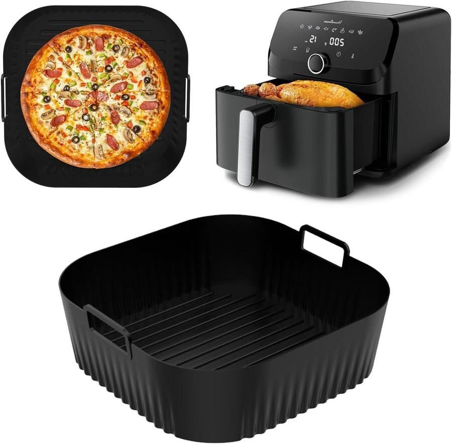 Siliconen Bakvorm Airfryer Mand Gezond Koken Herbruikbaar Milieuvriendelijk 26 cm Diameter Zwart
