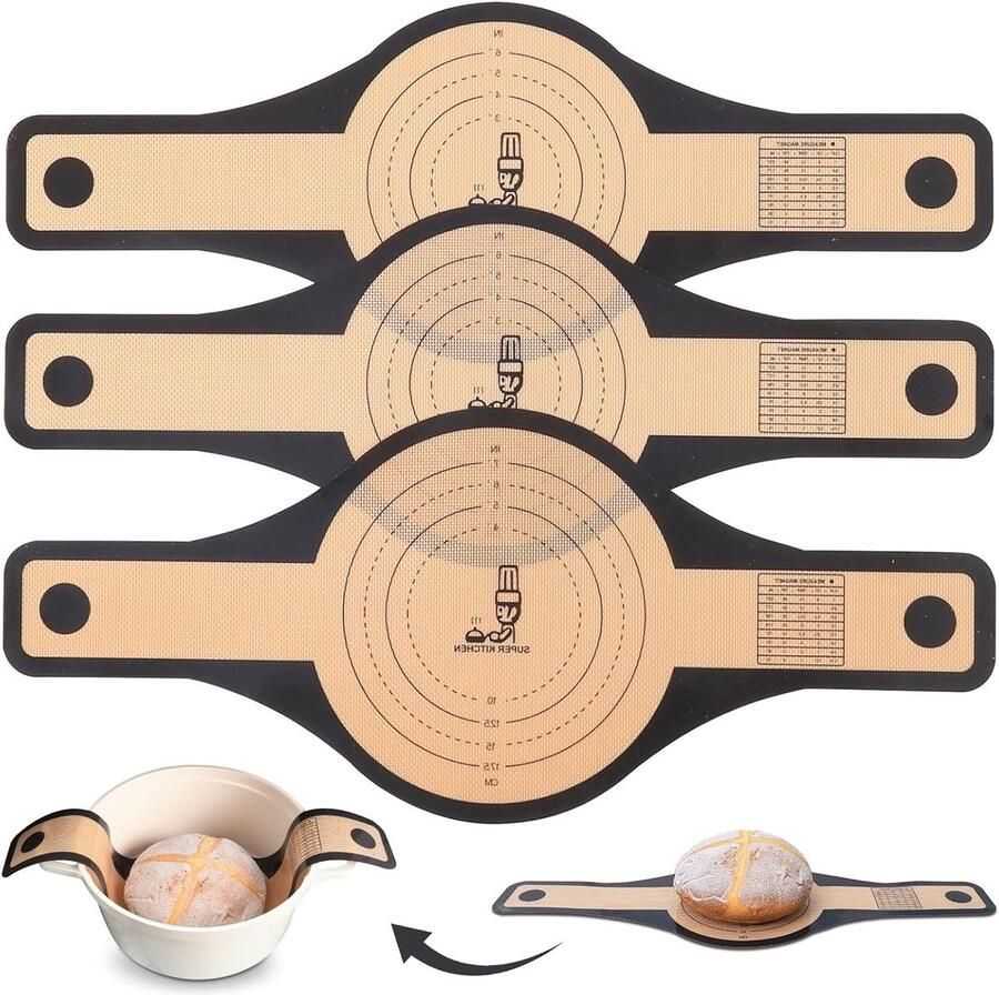 Siliconen Brood Garland voor Dutch Oven 3 Stuks 24cm & 21cm Extra Brede Lange Handgreep Antikleefdeegmat voor Brood en Bakken