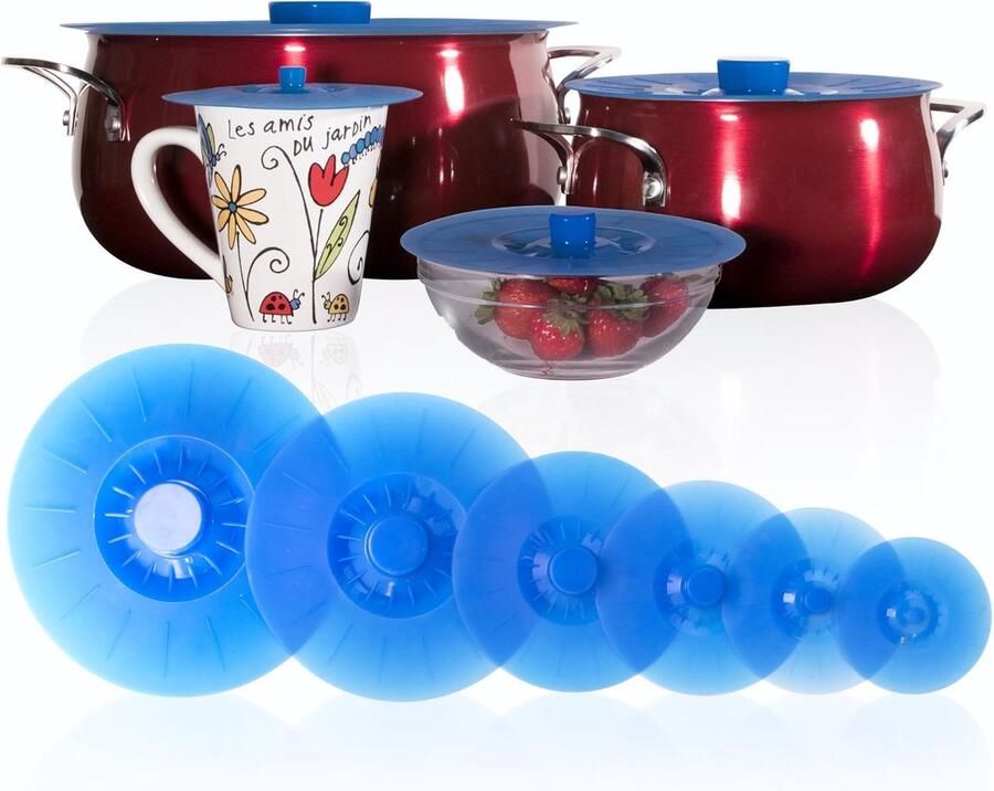 Siliconen Deksel Set Herbruikbare Zuignap Deksel Voedsel Bewaren Vaatwasser Magnetronbestendig Set van 6 Doorschijnend Blauw