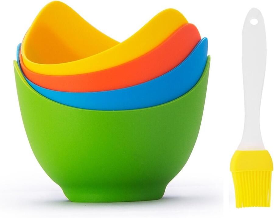 Siliconen Eitjes Poacher Set van 4 met Bonus Oliekwast Antiaanbak Eitjes Kookcups voor Airfryer Oven of Kookplaat BPA-vrij en Duurzaam