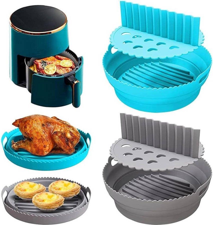 Siliconen Friteuse Mand en Plaat Set voor Air Fryer 2 Stuks Grijs en Blauw Herbruikbaar en BPA-vrij Opvouwbare Bakmallen 8.5 inch Air Fryer Silicone Pot - Foto 1