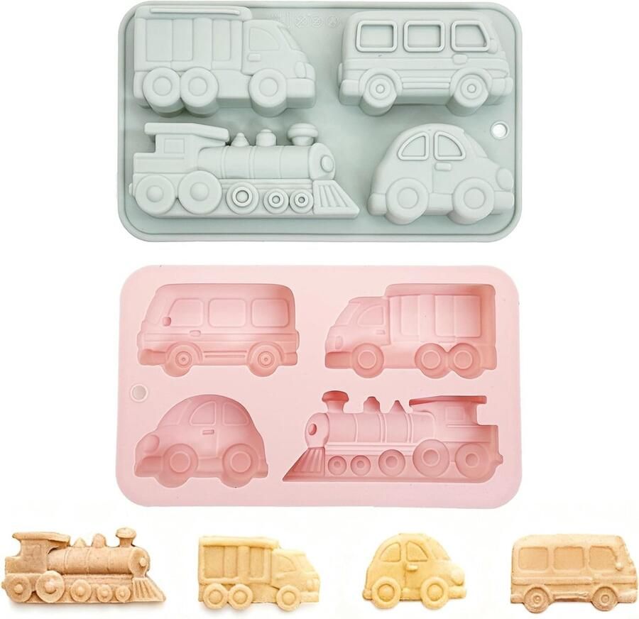 Siliconen Mallen in Auto Vorm 4 Caviteiten voor Chocolade Snoep Jelly en Pudding Set van 2 Stuks in Blauw en Roze
