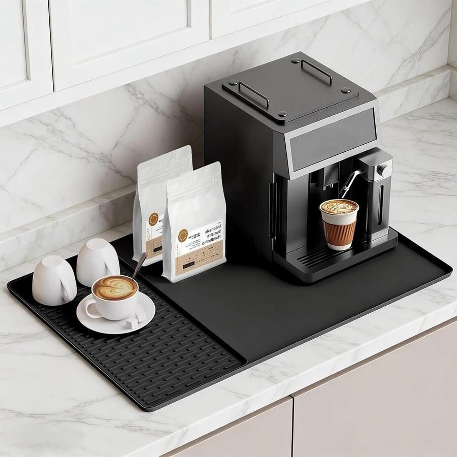 Siliconen Onderlegger voor Koffiemachine 2-in-1 met Afvoermat 60 x 40 cm Warmtebestendig en Antislip voor Koffiemaker en Keuken Zwart met Convexe Rand