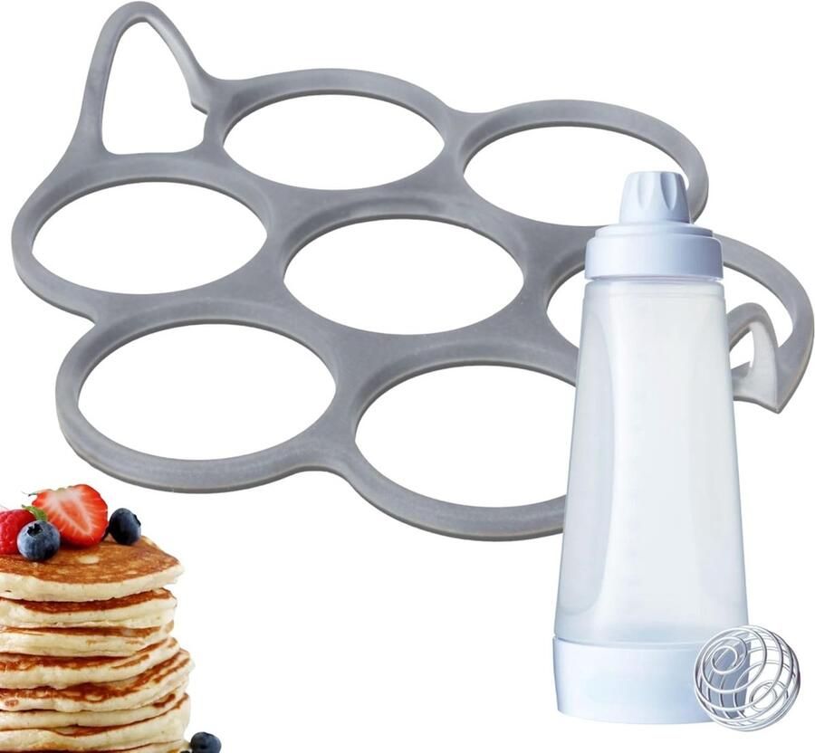 Siliconen Pannenkoekvorm 7 Ringen Inclusief Pannenkoekdispenser Antiaanbaklaag Voor Kookliefhebbers