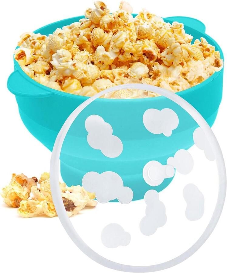 Siliconen Popcorn Popper Opvouwbare Kom Filmavond Thuis Inclusief Deksel 24 x 20 cm Cyaan