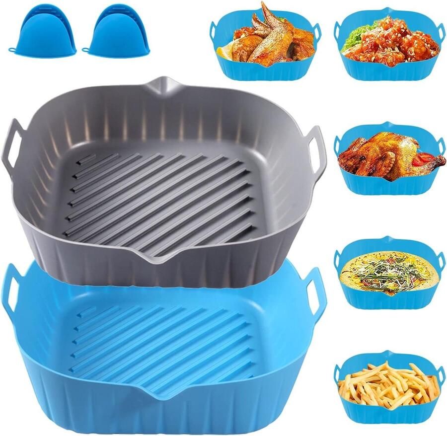 Siliconen pot 2 stuks 22 cm mand met anti-aanbaklaag voor airfryer en oven herbruikbare matten keukenaccessoires blauw en grijs Air Fryer Silicone Pot