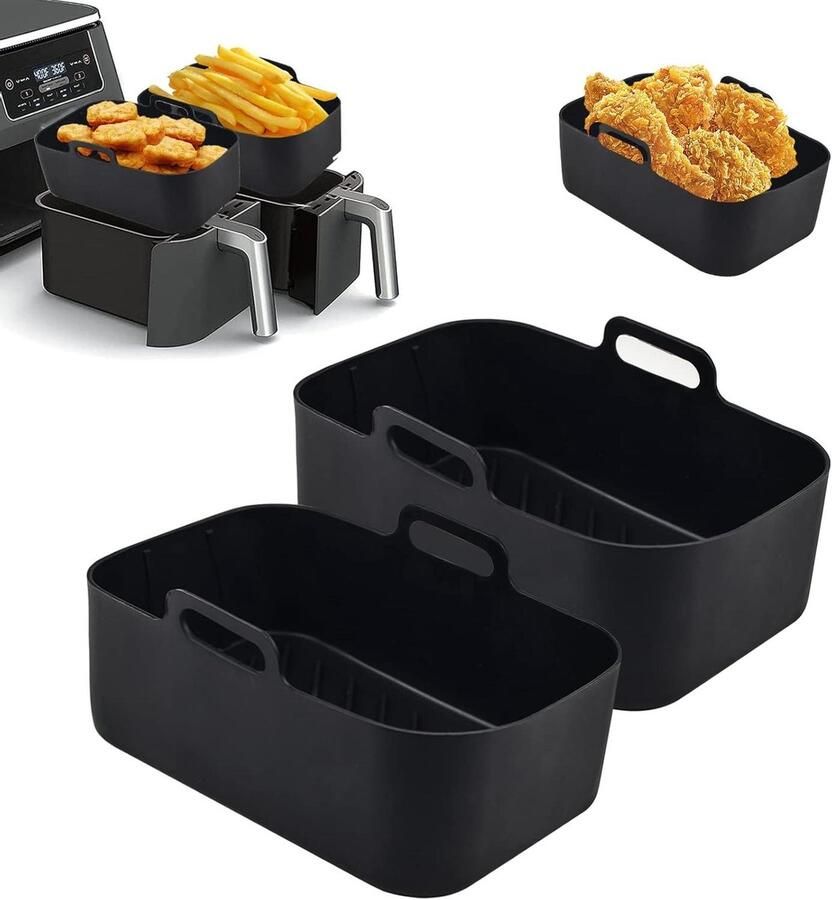 Siliconen Pot Voor Ninjas Dual Air Fryer 2PCS Liners Dubbele Mand Rack Accessoires voor Airfryer Oven Magnetron (Zwart)