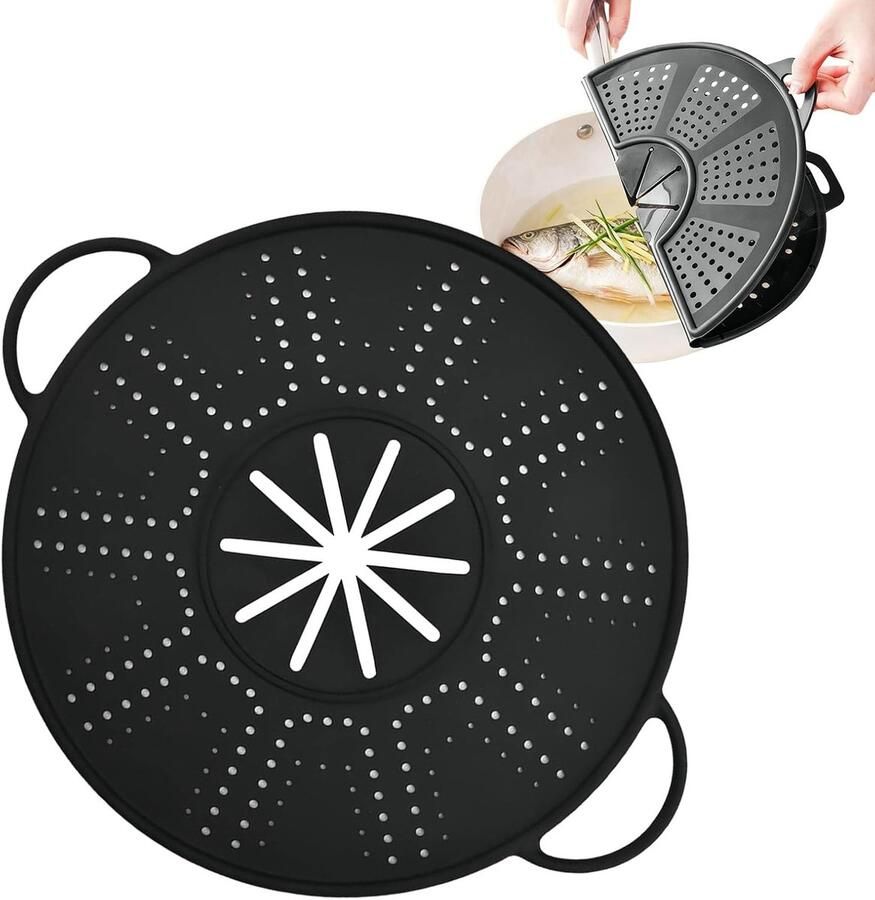 Siliconen spatdeksel Kookdeksel zeef Schoon koken Aanpasbaar 25-30 cm Zwart