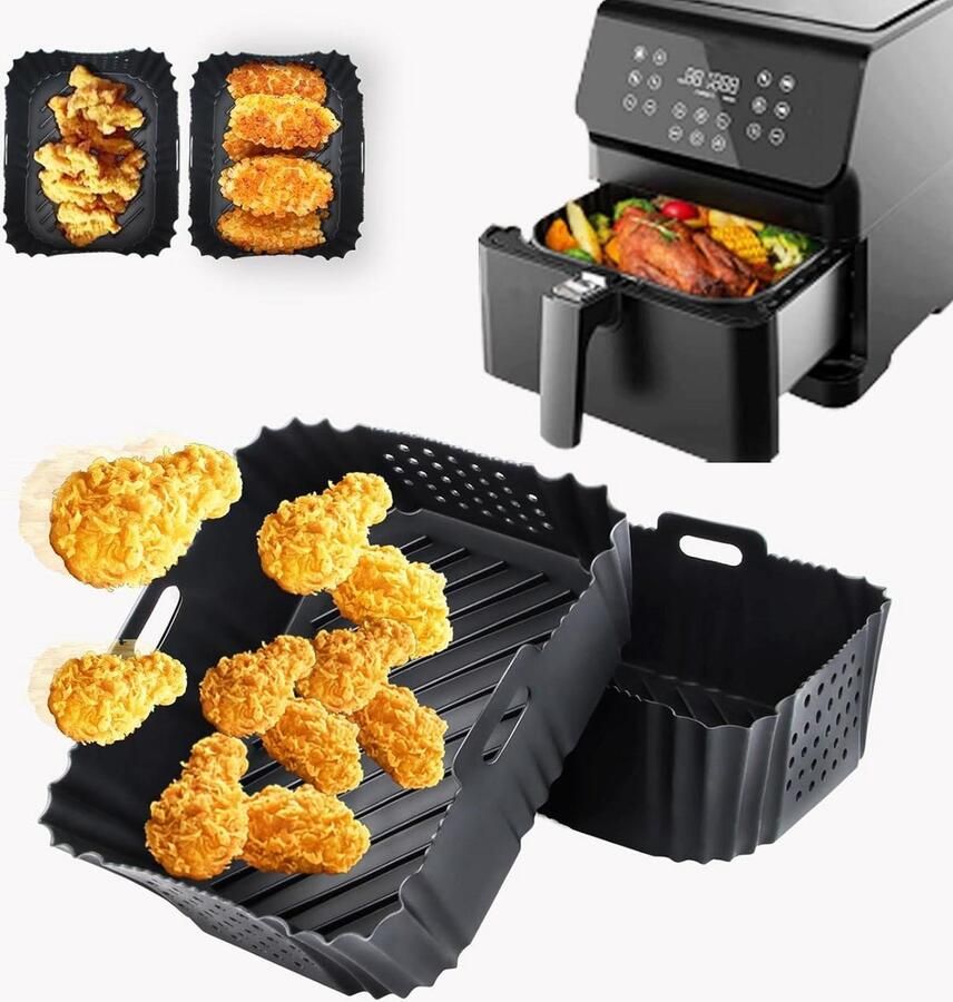Siliconen Airfryer Vorm Herbruikbare Bakvorm Gezond Koken Verhoogde Lijnen 2 stuks 19x14 cm Zwart