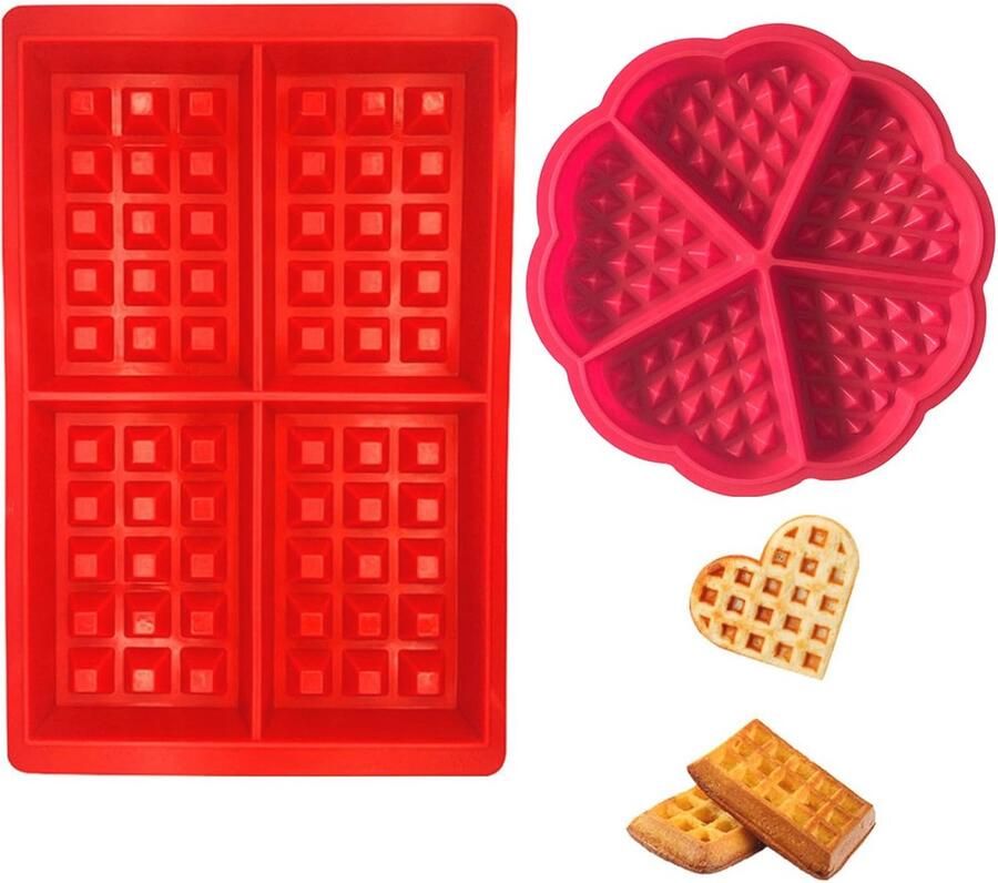 Siliconen Wafel Bakvormen Set 2 Stuks Antiaanbak Wafelvorm in Hart en Rechthoek