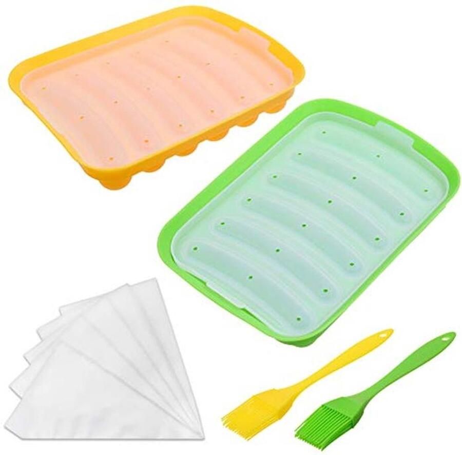 Siliconen Worstvormpjes Flexibele Hotdog Maker 6-Holte Bakken Koken Stoomcontainer Zelfgemaakte Worsten Inclusief Mini Borstels en Spuitzakjes