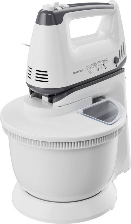 Silvercrest Kitchen Tools Handmixerset Handmixer met verschillende accessoires zoals een beslagkom deeghaken en een pureer-opzetstuk Vermogen: 300 W Aantal standen: 5 + turbo-functie Complete handmixerset met vele toebehoren
