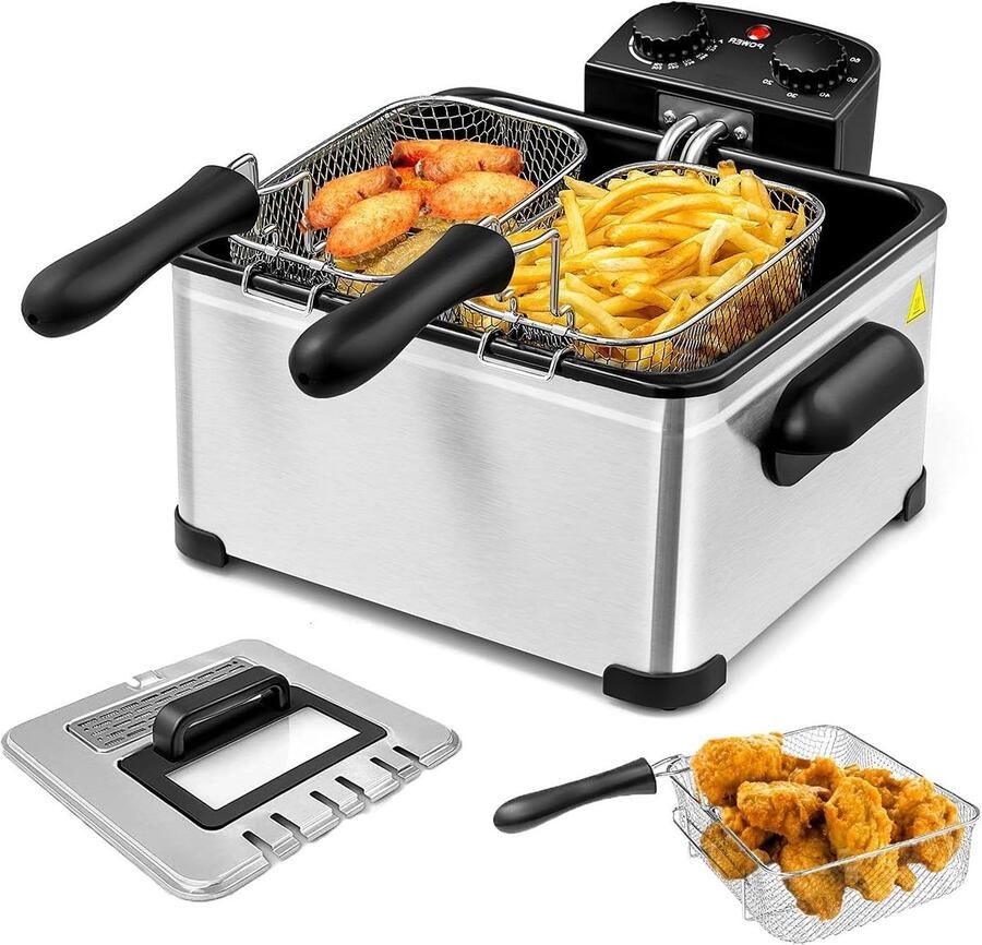 SIMOE Elektrische friteuse voor 5 3 kwart met 3 manden SIMOE friteuse van roestvrij staal 5 liter met timer 60 en deksel met kijkvenster oliefriteuse voor thuis met bediening