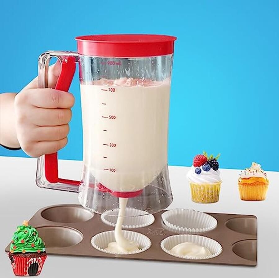 SIYINGSAERY Pancake Batter Dispenser 900ML Cupcakes Batter Separator Manual Batter Cream Speratator Cup Cooking Pancakes Funnel Dispenser Maker with Measuring Label for Waffles Muffin Mix Cake