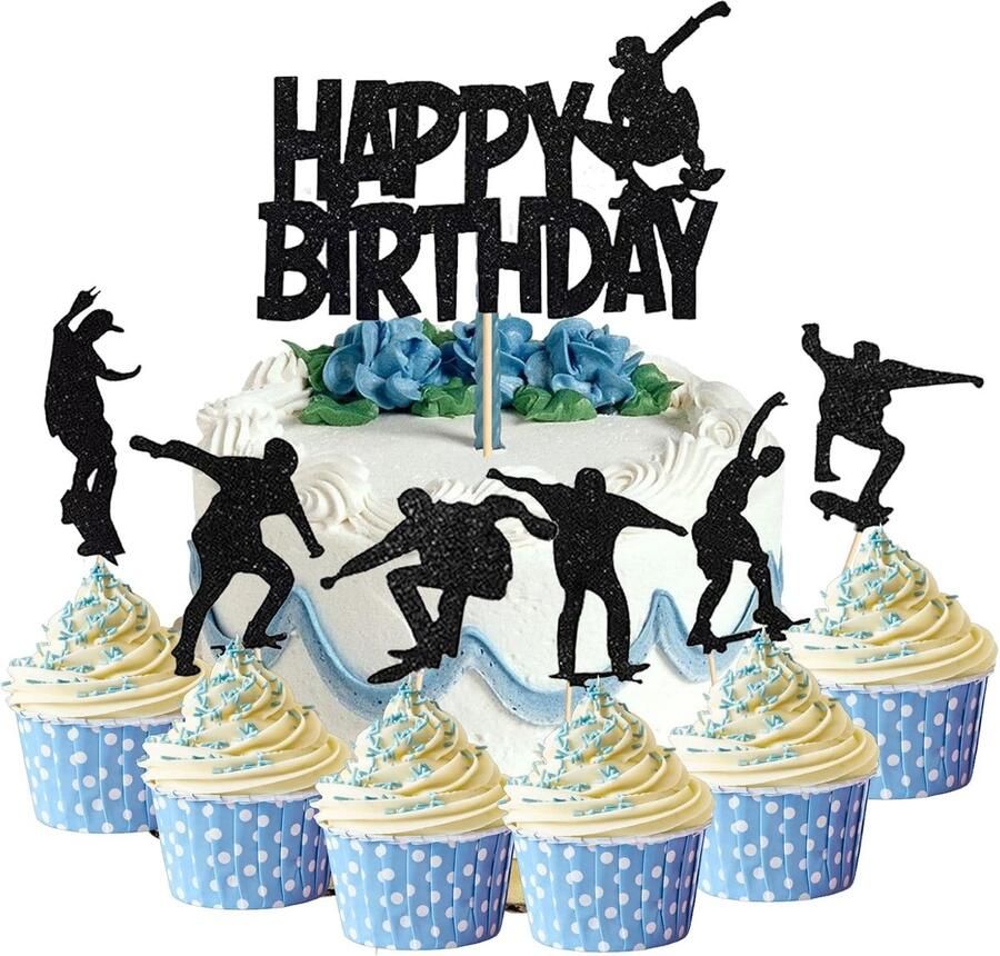 Skateboard 7 stuks taarttoppers skateboarden Happy Birthday verjaardag taartdecoratie voor verjaardagstaarten decoraties