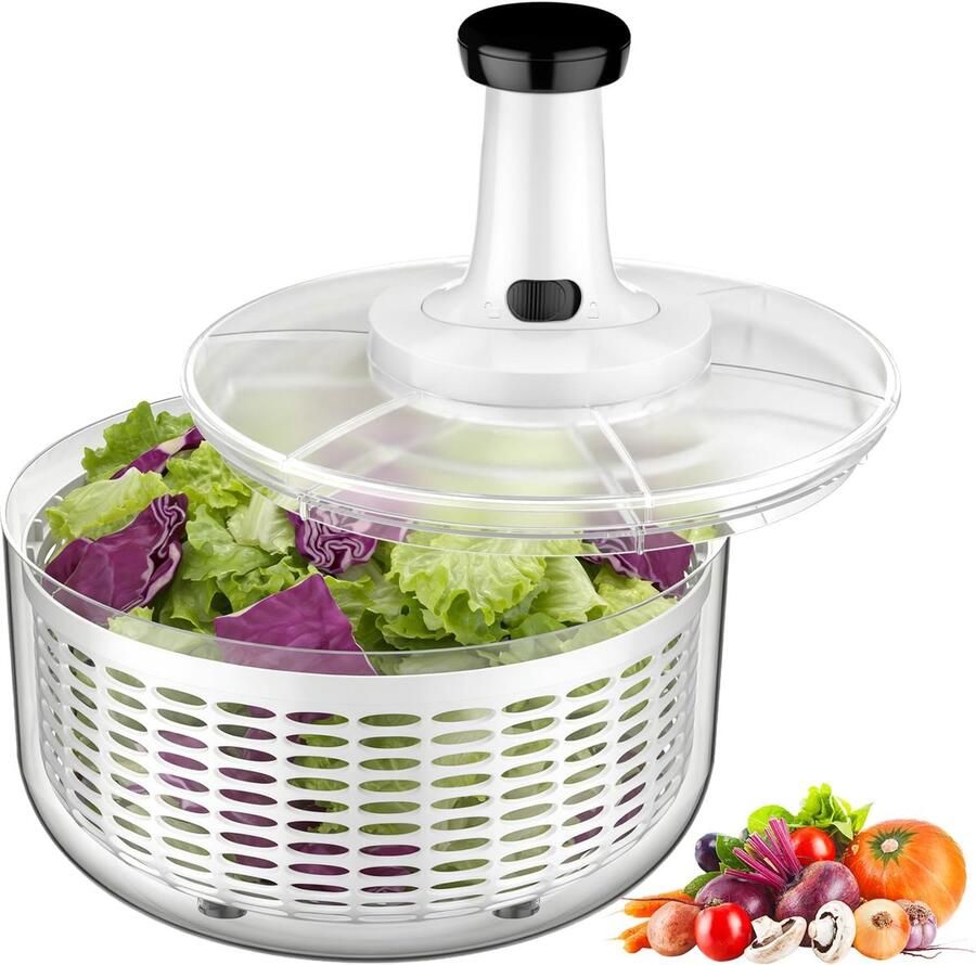Slacentrifuge Groente Droger Snel Salade Maken BPA-vrij Kunststof 6 Liter Kom Transparant
