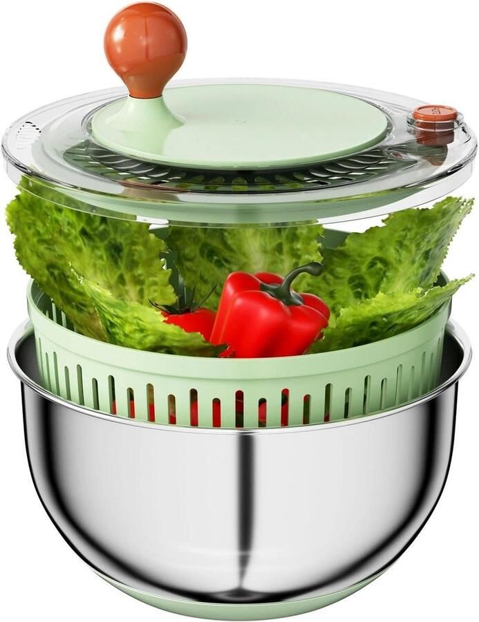 Slacentrifuge RVS Groente Droger Snel Salade Drogen Met Stopknop 5 Liter Kom Zilver