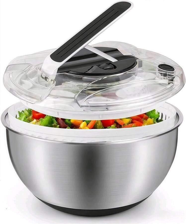 Slacentrifuge RVS Groentedroger Kom Salade Drogen Antislip Basis 45 Liter Zilver