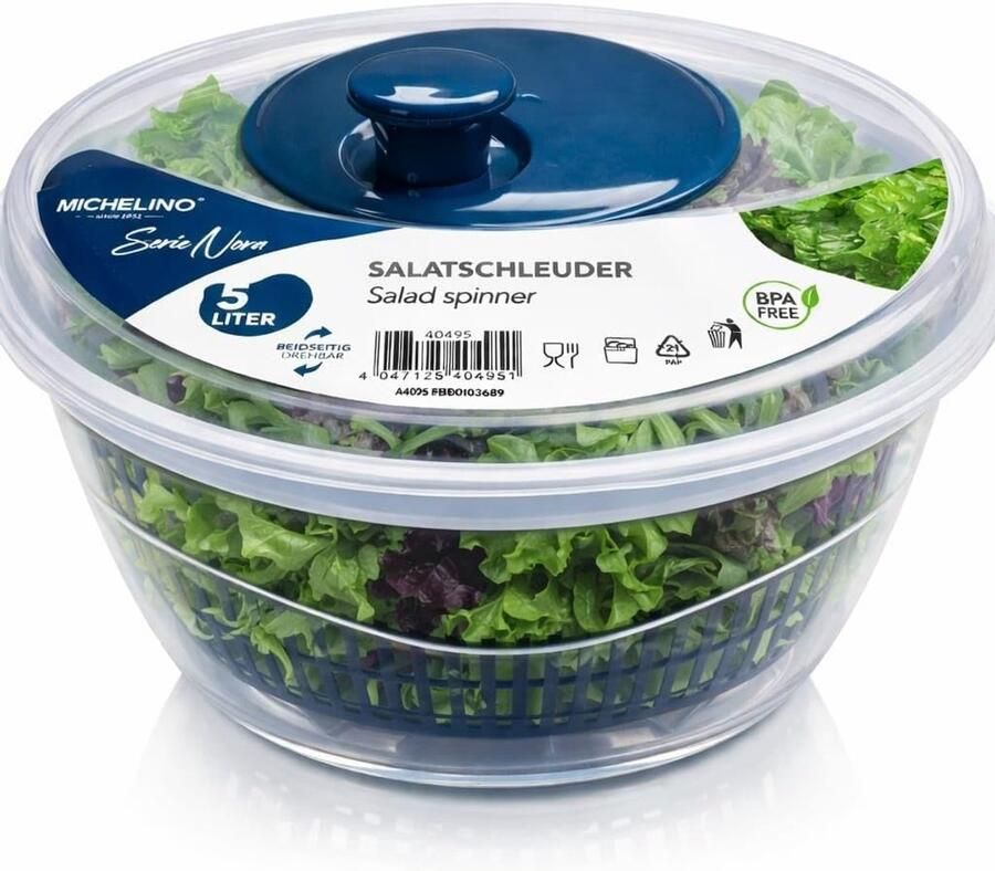 Slacentrifuge XXL Keukenhulp Kom Salades Maken BPA-vrij Ontwerp 5 Liter Volume Atlantisch Blauw
