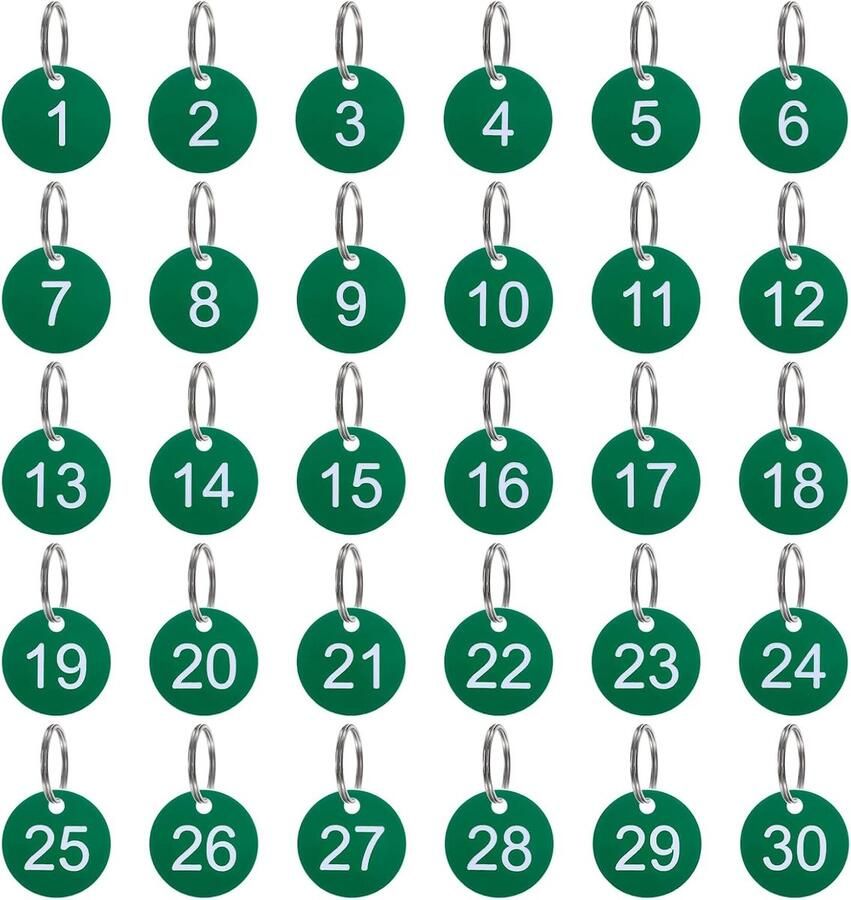 Sleutelhangers genummerd van 1 tot 30 stuks genummerde naamplaatjes 35 mm genummerde kunststof sleutelhangers voor slaapzaalsleutels voor kasten groen