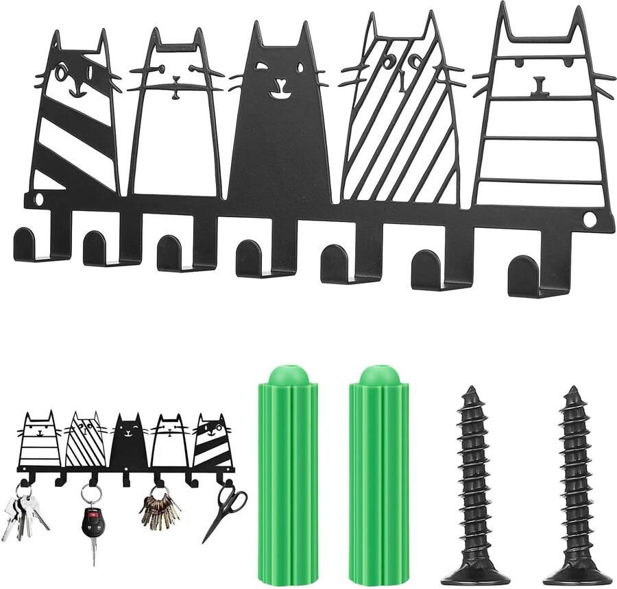 Sleutelrek zwart sleutelrek met kattenmotief metalen sleutelrek voor hal wandmontage zonder gereedschap robuuste sleutelhouder met 7 haken